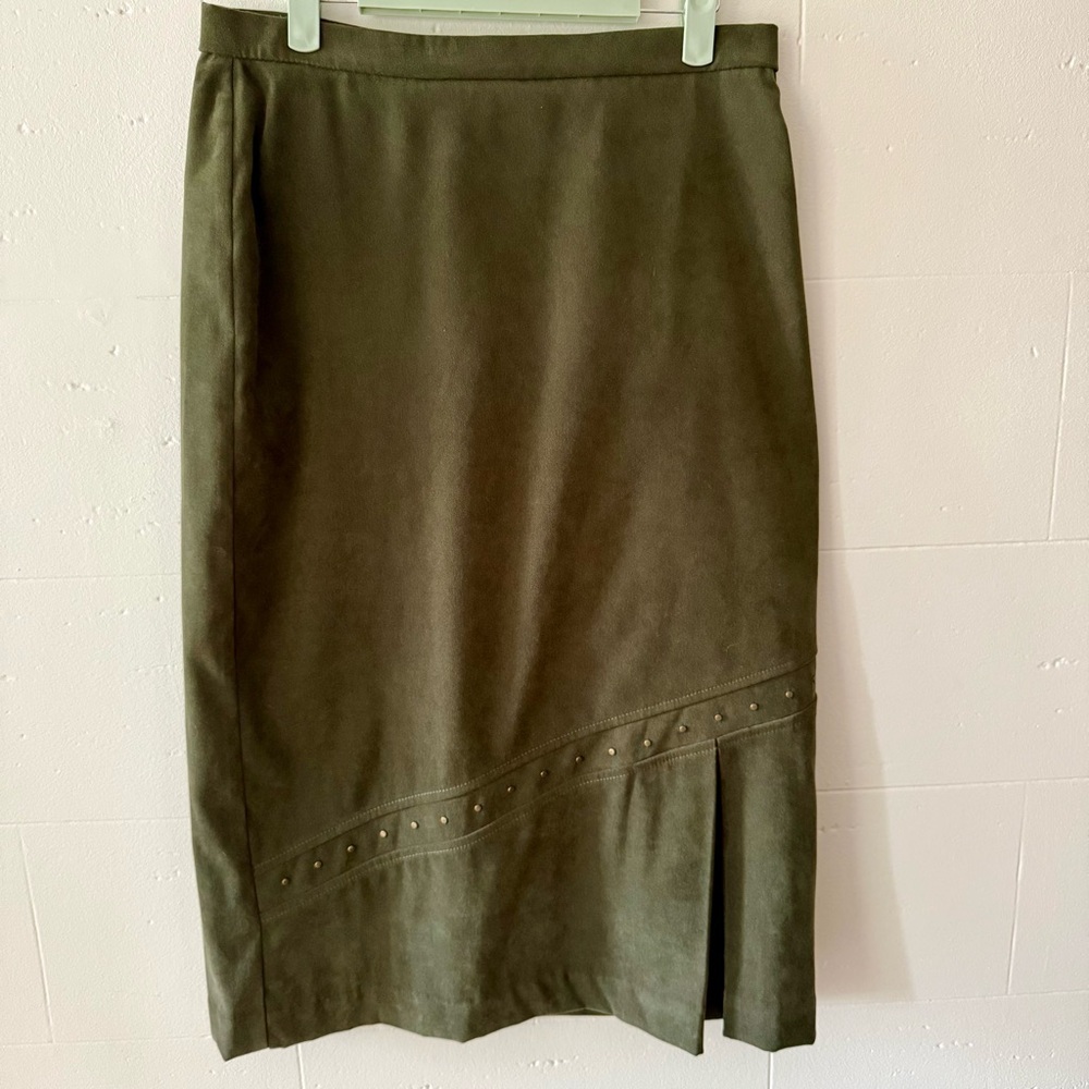 Vintage | Size 10 | 90s Olive Green Faux Suede Studded Midi Skirt